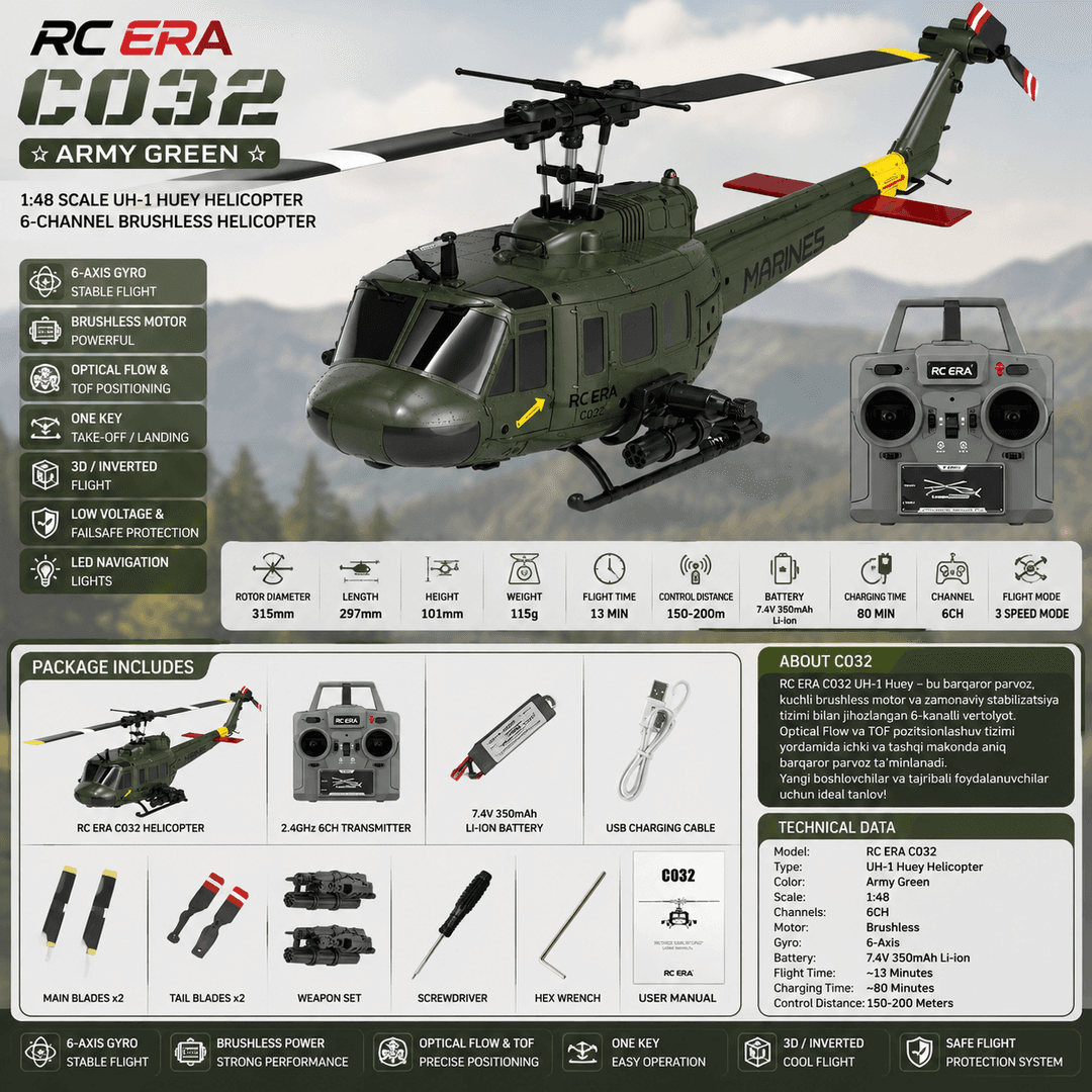 RC ERA C032 UH-1 Huey — 1:48 Harbiy Vertolyot (6 kanal, Army Green)