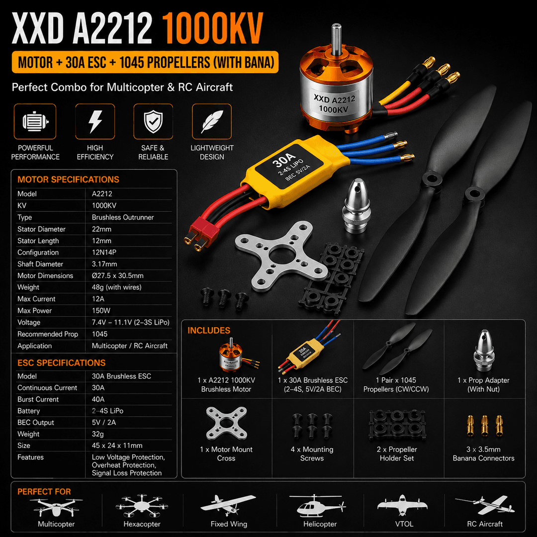 XXD A2212 1000KV motor, 30A ESC va 1045 parrak to‘plami (Motor + ESC + Propeller Combo)