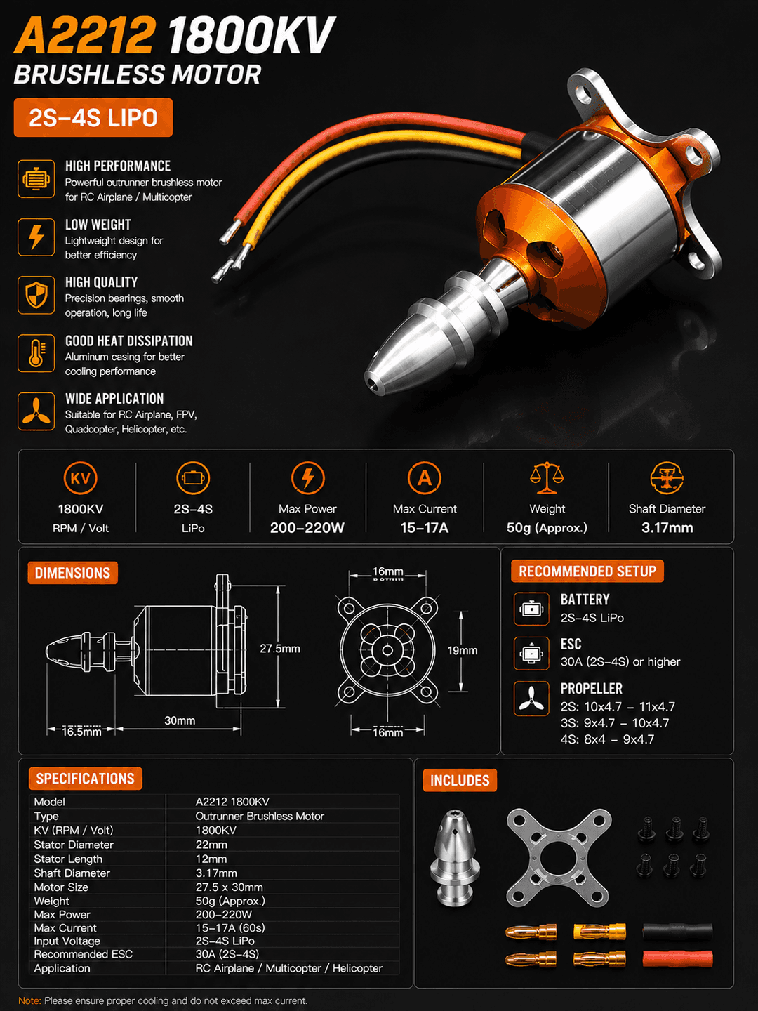 A2212 1800KV brushless motor — bananka lehimlangan (A2212 1800KV, Soldered Bullet)