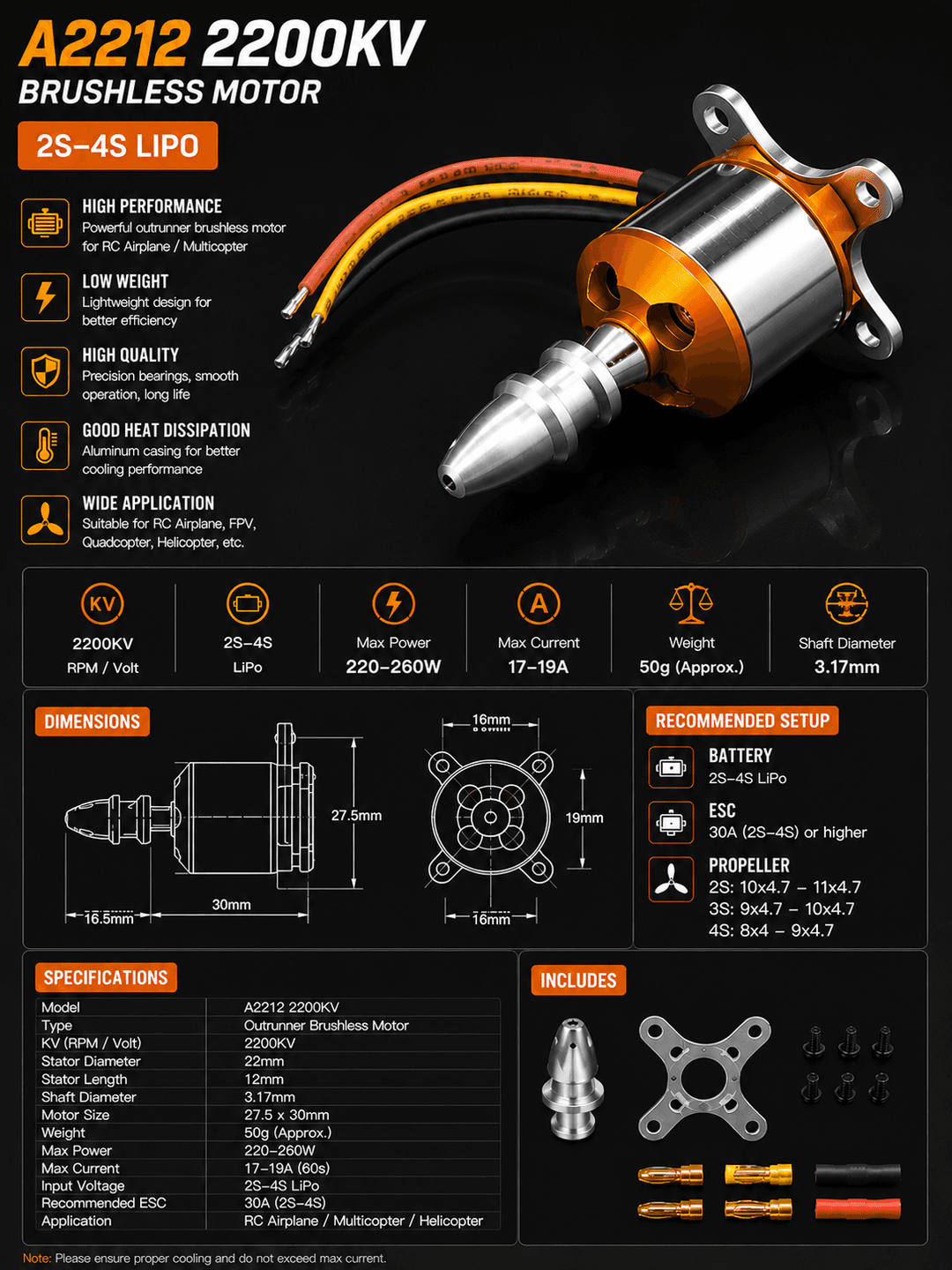 A2212 2200KV brushless motor — bananka lehimlangan (A2212 2200KV, Soldered Bullet)