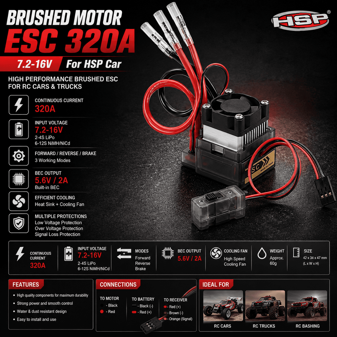 HSP uchun kollektorli ESC 320A, 7.2–16V (Brushed ESC 320A)
