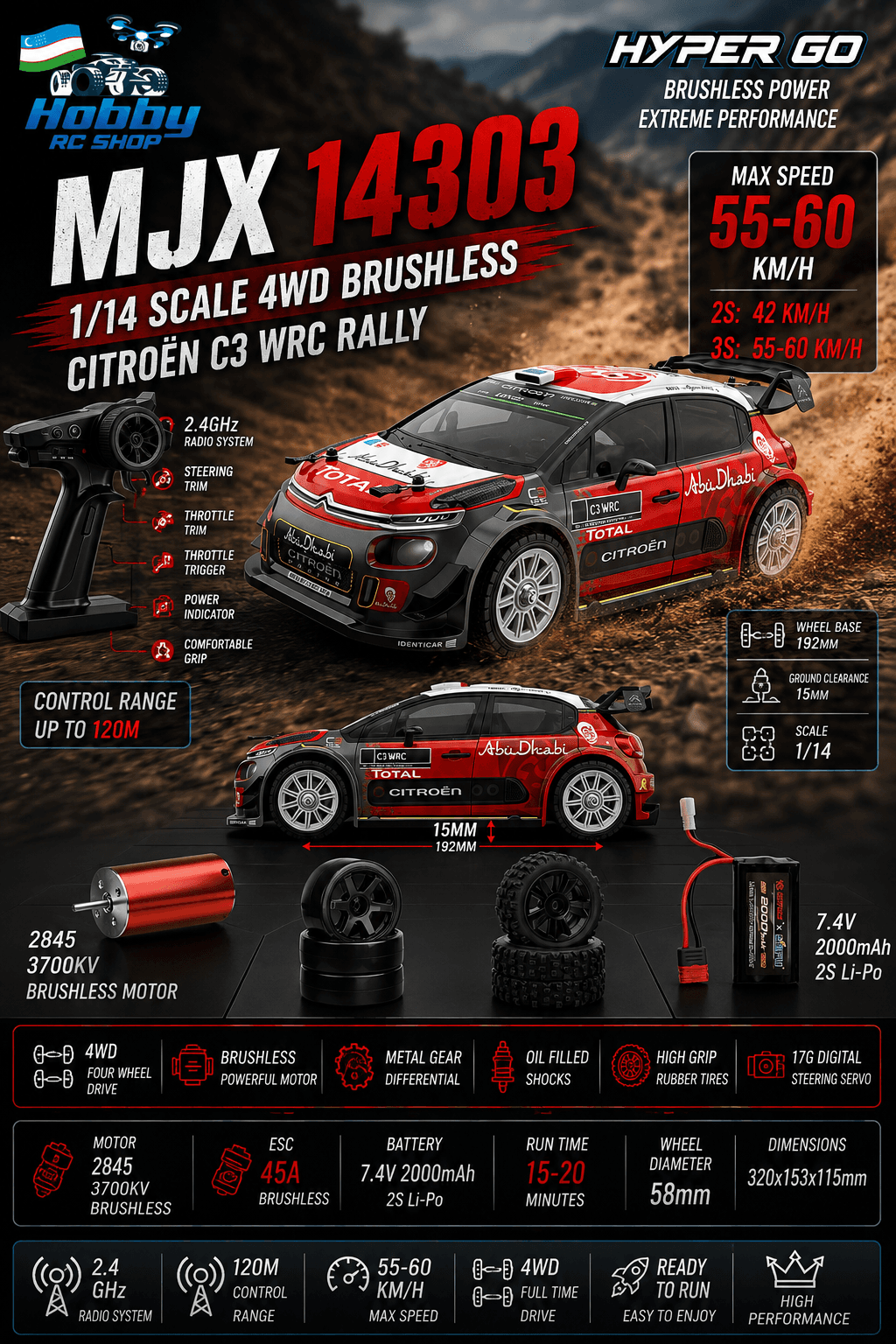 MJX 14303 — 1:14 Rally/Drift 4x4 Masofadan Boshqariladigan Tezkor Poyga Mashinasi