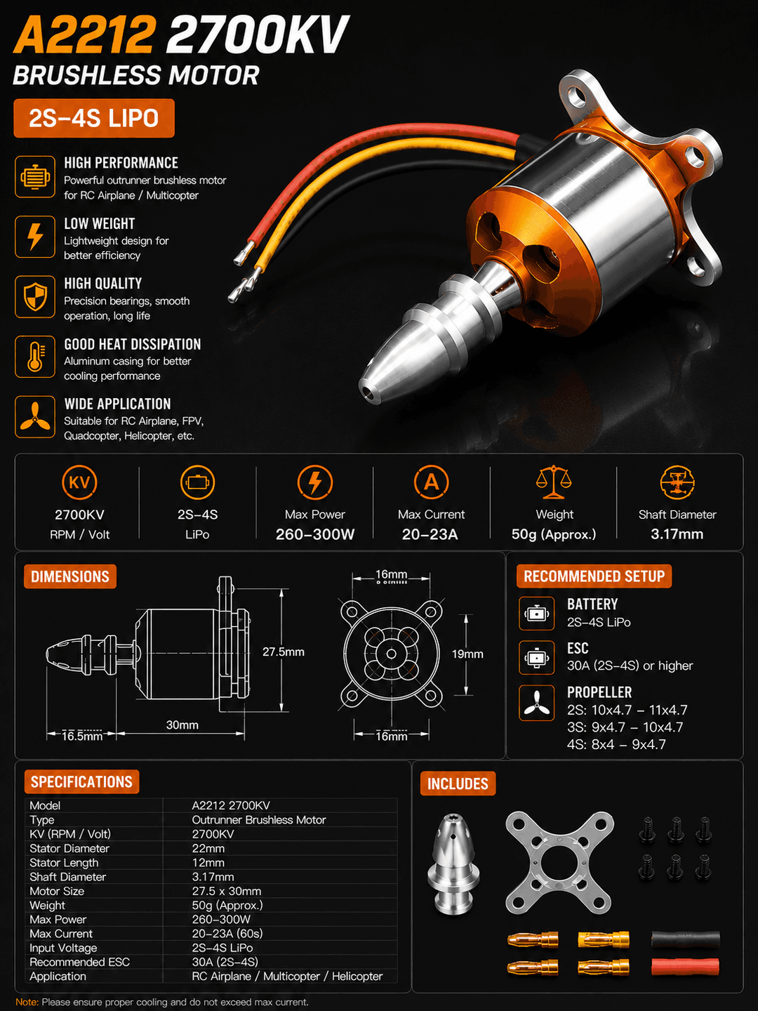 A2212 2700KV brushless motor — bananka lehimlangan (A2212 2700KV, Soldered Bullet)