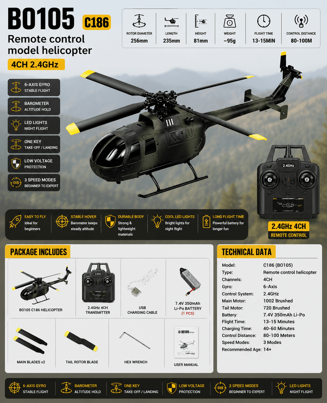 RC ERA C186 PRO BO105 — 1:48 Vertolyot (4 kanal, 4 pichoqli rotor, altitude hold)