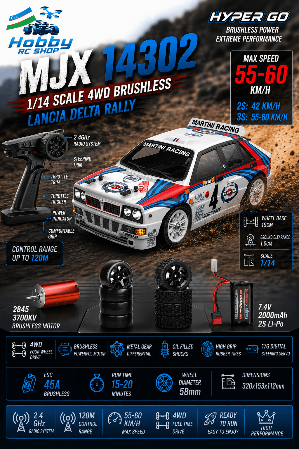 MJX 14302 — 1:14 Drift/Rally 4x4 Masofadan Boshqariladigan Tezkor Poyga Mashinasi