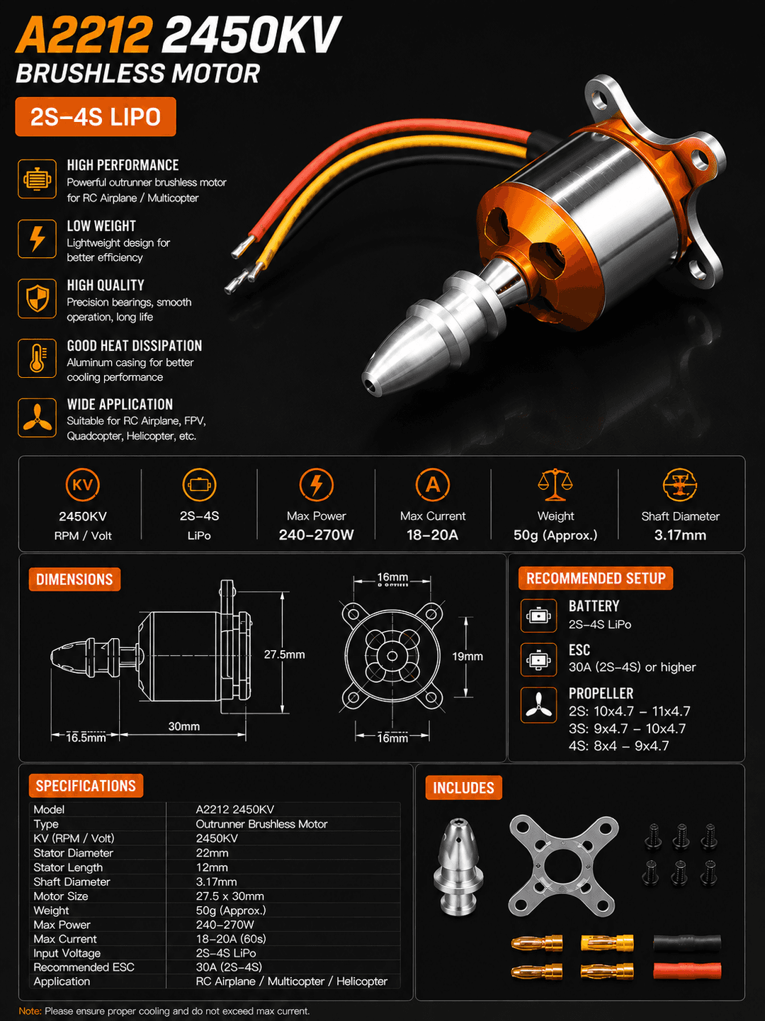 A2212 2450KV brushless motor — bananka lehimlangan (A2212 2450KV, Soldered Bullet)