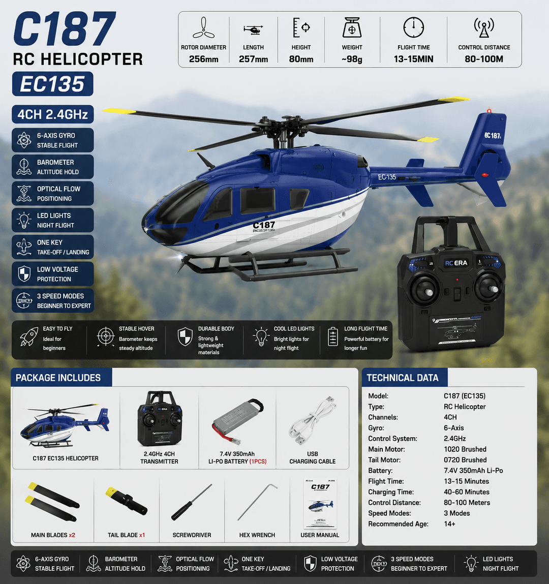 RC ERA C187 EC135 — 1:48 Vertolyot (4 kanal, optik sensor, altitude hold)