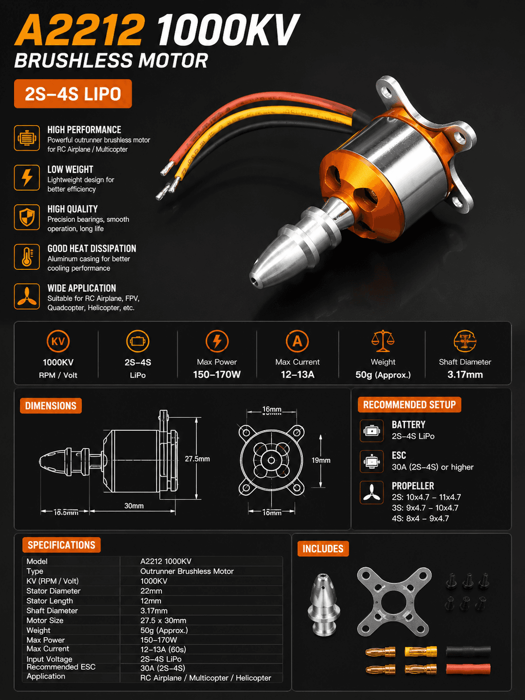 A2212 1000KV brushless motor — bananka lehimlangan (A2212 1000KV, Soldered Bullet)