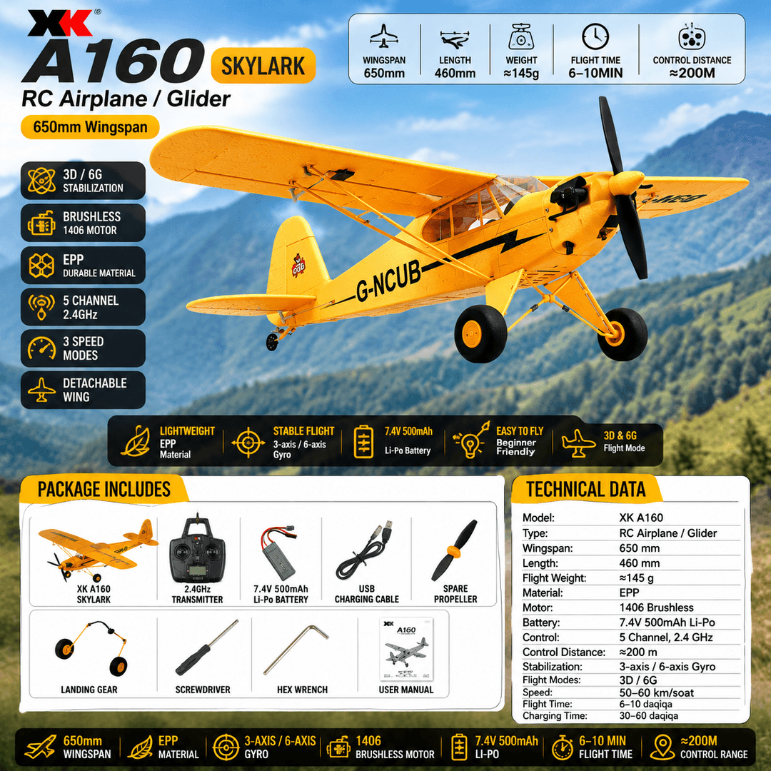 XK A160 Skylark — 650 mm RC Planer Samolyot (RTF, 5 kanal, brushless)