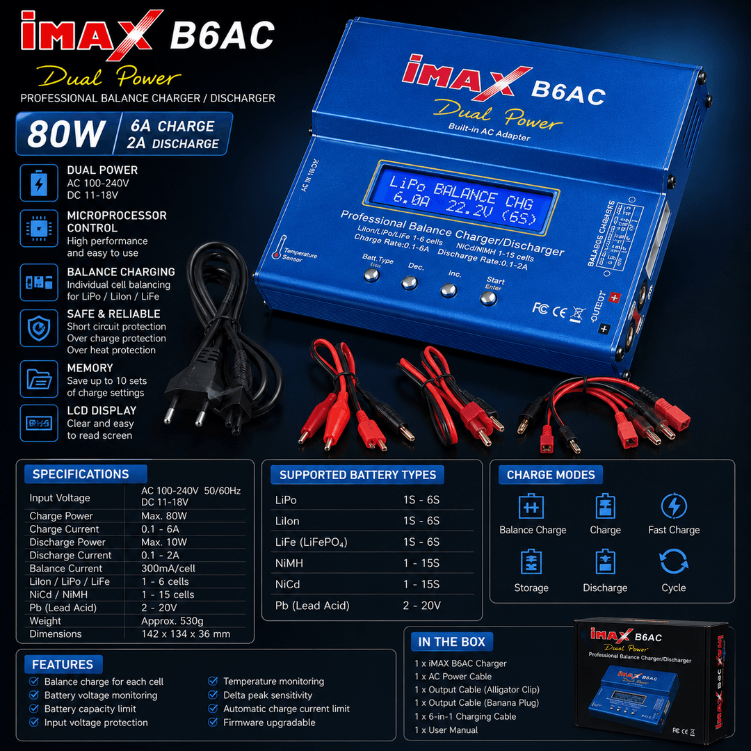 iMAX B6AC — balans zaryadlovchi, 80W, EU vilka (B6AC 80W Charger)