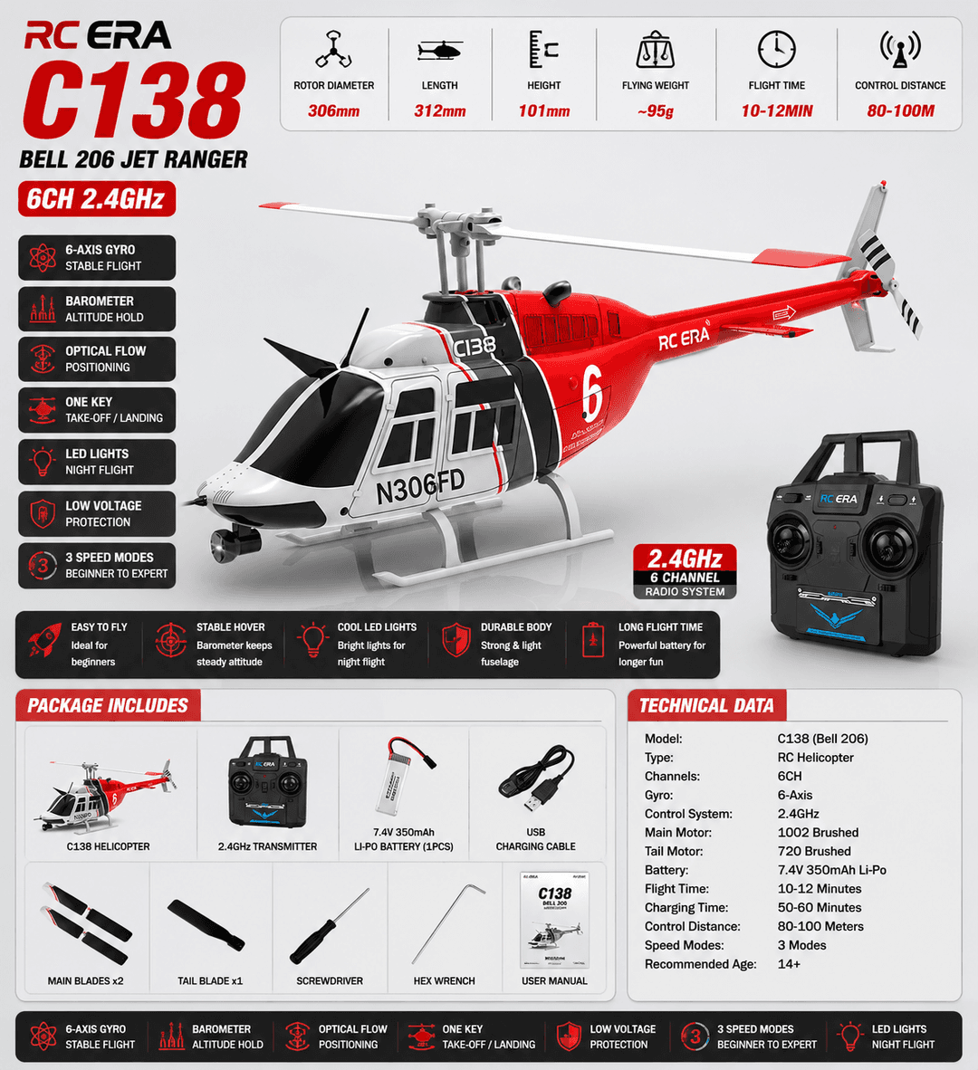RC ERA C138 Bell 206 Jet Ranger — 1:33 Vertolyot (6 kanal, altitude hold, ko‘k/qizil)