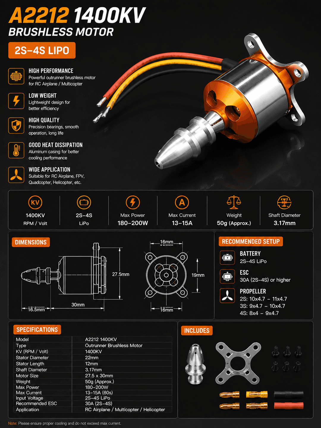 A2212 1400KV brushless motor — bananka lehimlangan (A2212 1400KV, Soldered Bullet)