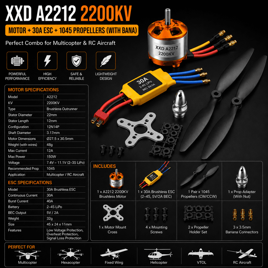 XXD A2212 2200KV motor, 30A ESC va 1045 parrak to‘plami (Motor + ESC + Propeller Combo)