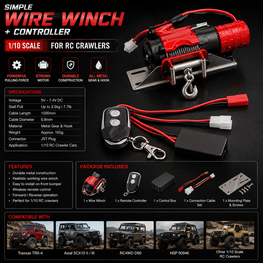 Lebedka va boshqaruv bloki — 1:10 D90 / SCX10 / TRX-4 uchun (Winch + Controller)