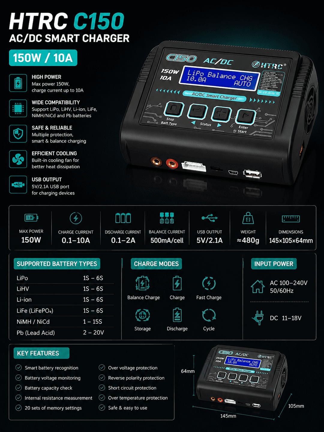 HTRC C150 — balans zaryadlovchi (Balance Charger)